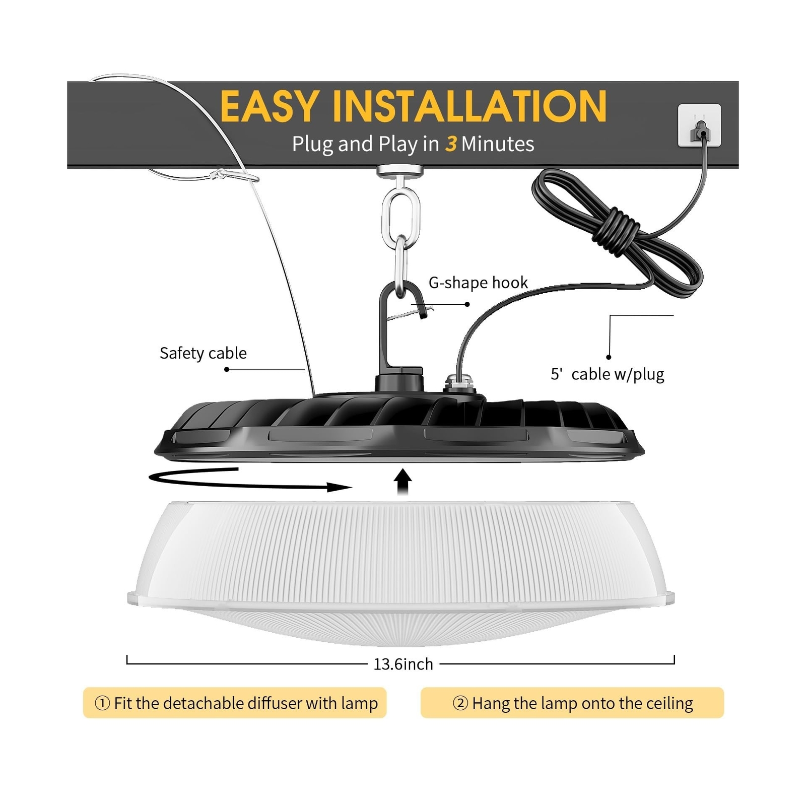 200W 2 Pack UFO LED High Bay Light with Diffuser 28,000lm 5000K LED High Bay ...