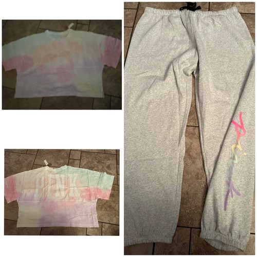 NWT Victoria Secret PINK XL Varsity Crop Tee top joggers/Sweats set Rainbow Logo - Foto 1 di 6
