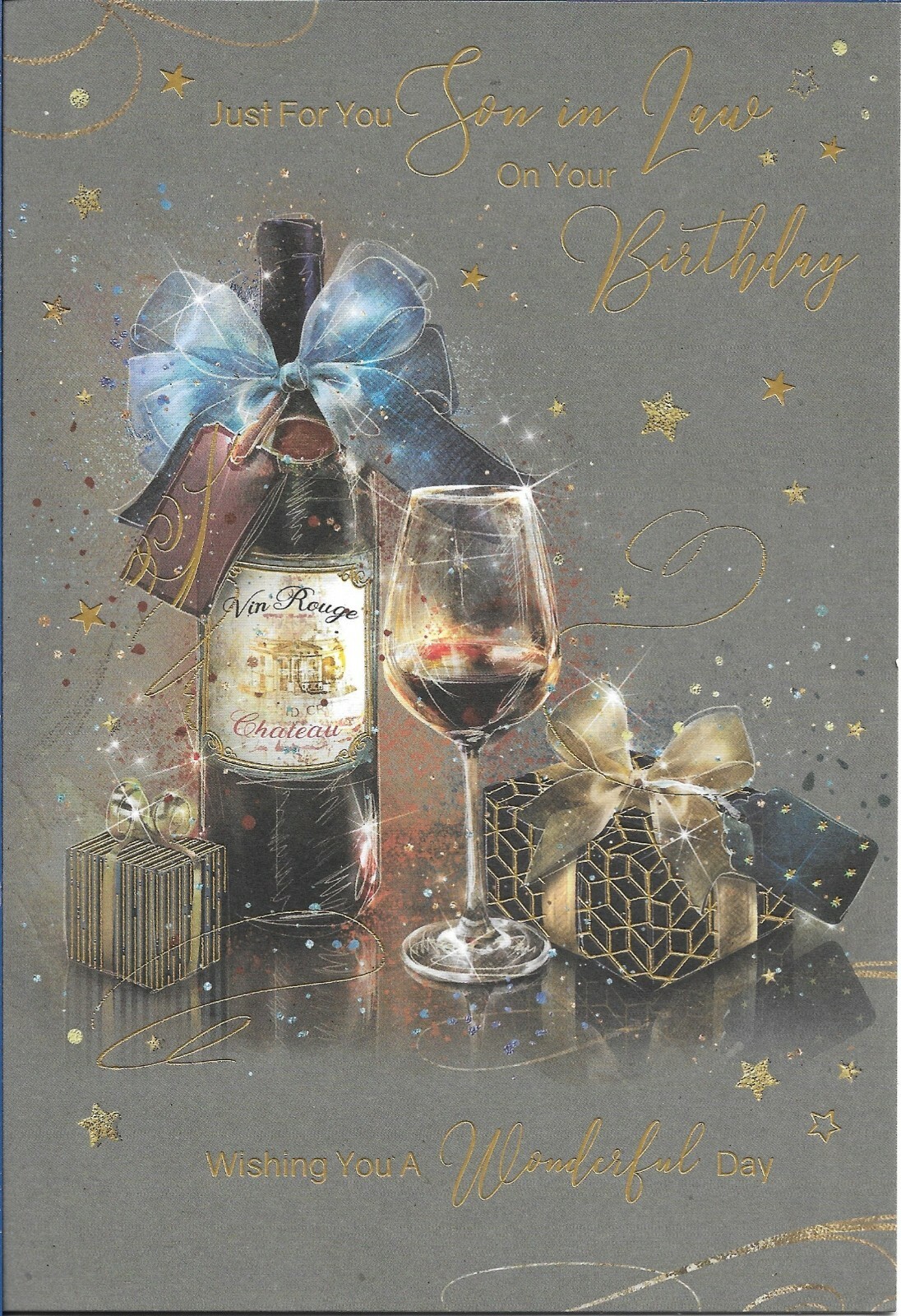 SON IN LAW BIRTHDAY GREETING CARD 8.5""X5.5"" ELEGANT RED WINE DESIGN GOLD TEXT