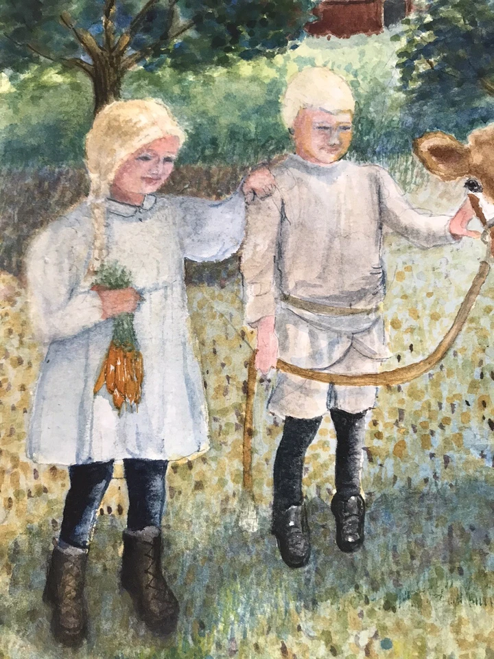 АКВАРЕЛЬ 14x14 ХУДОЖЕСТВЕННАЯ ОРИГИНАЛЬНАЯ в рамке ферма норвежский близнец импрессионизм пейзаж - Изображение 2 из 4