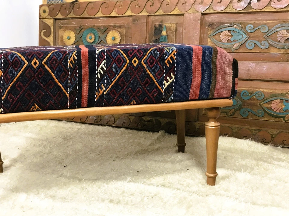 Handmade Kilim Upholstered Ottoman Footstool Piano Entryway Bedroom Bench - Image 4 of 4