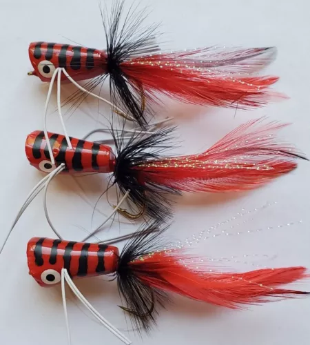 Bass Popper Flies 3 Red With Black Stipes Zebra Bass Popper Flies.  3 Flies Per