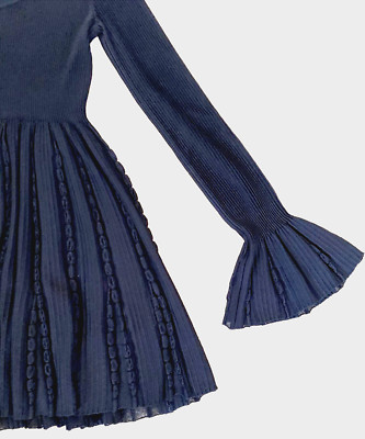 AZZEDINE ALAIA Fit & Flare Iconic Black Ribbed DRESS 38 Mesh Pleat PRISTINE