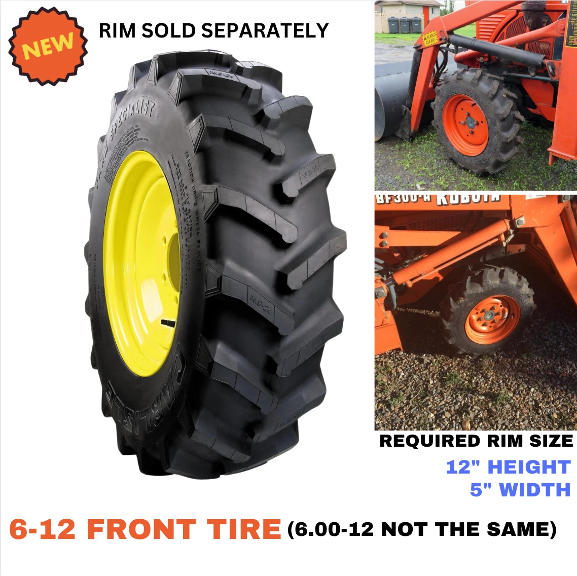 6-12 Front Tire for Kubota B7100 BF300A B8200 Tractor Daihatsu Hijet Off Road
