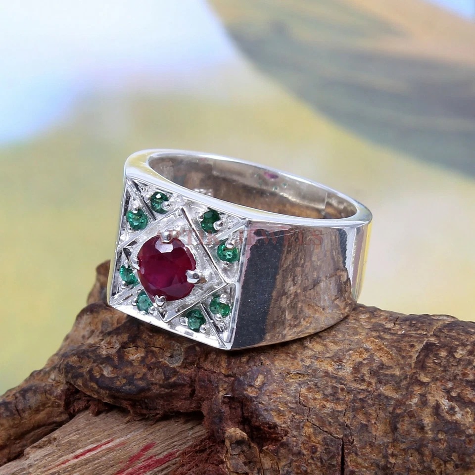 Erhitzter Rubin- Und Onyx-Edelstein Mit 925 Sterlingsilberring Für Herren #1470 - Bild 1 von 4