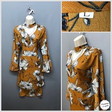 Mustard Floral Asymmetric Choker Neck Dress UK 12 EUR 40 Flared Sleeves Festival