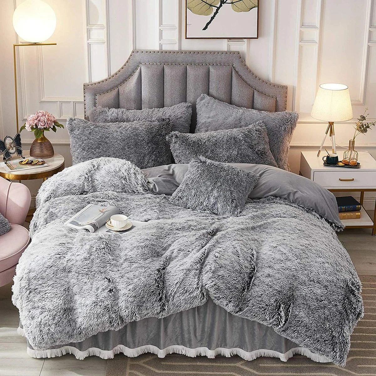 NEW! ~ ULTRA SOFT & PLUSH LUXURY GREY FAUX SHAGGY LONG FUR FLUFFY COMFORTER  SET