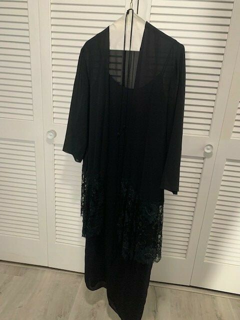 Elegant Black Gown w/jacket - size16 - with lace, beads, & shiny sequin appliqué