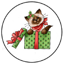 CAT IN CHRISTMAS PRESENT ENVELOPE SEALS LABELS STICKERS PARTY FAVORS