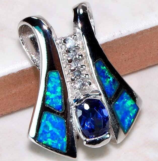Treated Blue Sapphire & Australian Opal 925 Sterling Silver Pendant OP5
