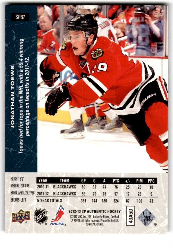 2012-13 SP Authentic '94-95 Retro Jonathan Toews #SP87 Chicago Blackhawks - Image 2 of 2