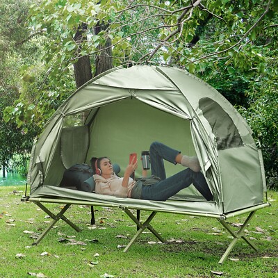 Outsunny 1-Person Tent Cot Combo Folding Off-Ground Outdoor Bed Green and Bag