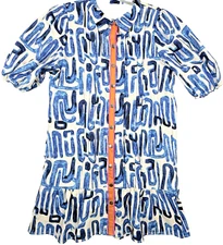 NWOT Geometric Women's Dress Large Mixed Print Blue Colorful Snap Buttons Ruffle