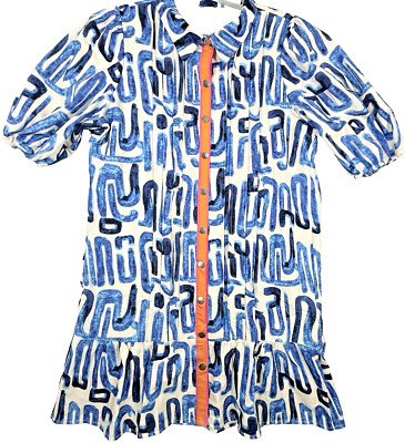 NWOT Geometric Women's Dress Large Mixed Print Blue Colorful Snap Buttons Ruffle