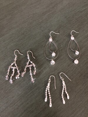Fashion Earrings Set Of 3 Clear Crystal Dangle Hook Closure 2 Inch Drops Bling!