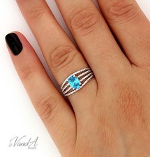 Sterling Silver 925 Oval Shape Ring Filigree Style Blue Topaz Fashion Ring R51