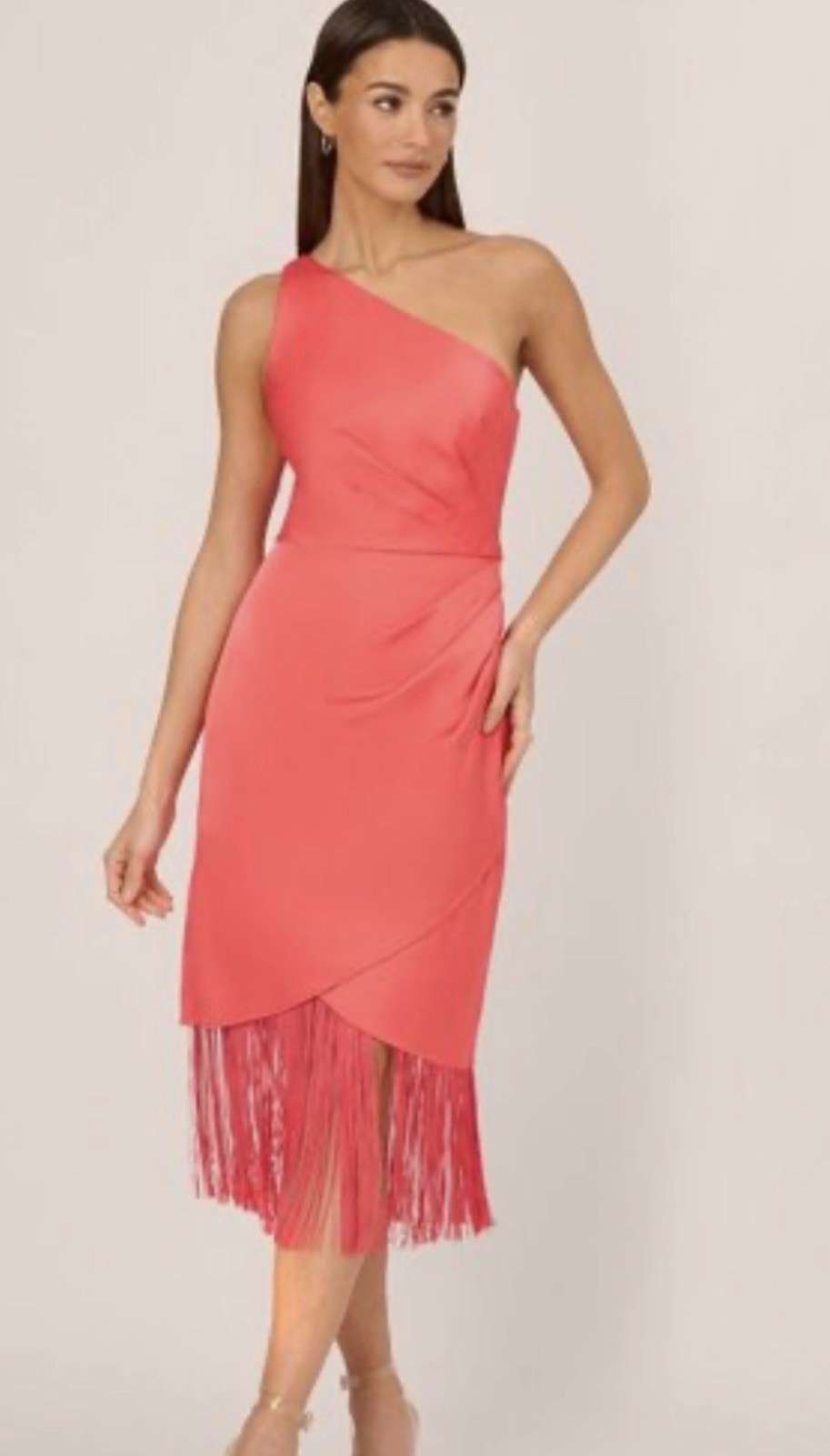 Adrianna by Adrianna Papell Women's Coral Satin Fringe One Shoulder Dress Size 4