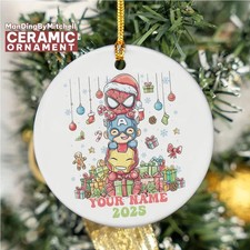 Personalized Marvel Cute Superhero Christmas 2D Ceramic Ornament