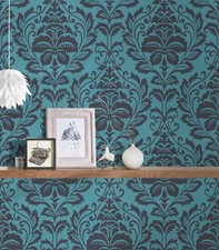 Néo-Classique Ornement Papier Peint, Floral – Bleu, Noir