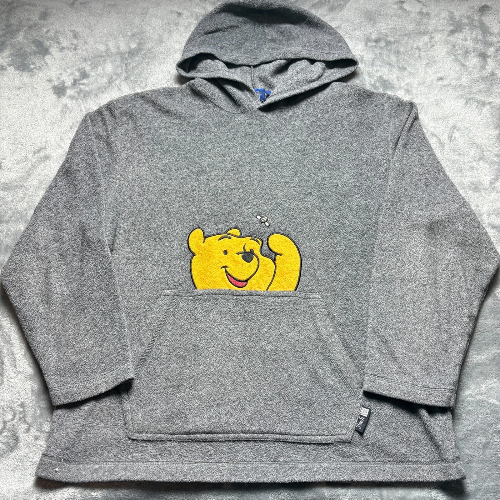 Vintage Disney Fleece Hoodie Unisex Medium Gray Pooh Embroidered Cozy Warm Retro