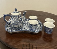 Vtg Chinese Miniature Porcelain Tea Set Blue White Floral Design With Marking