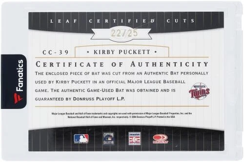 Kirby Puckett Minnesota Twins Signed 2004 Leaf Certified Cuts #CC-39 #22/25 Card - Image 2 of 3