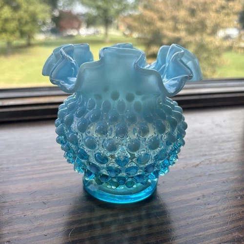 Fenton Art Glass Blue Opalescent Hobnail 4" Double Crimped Vase Dish