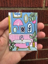 Original ACEO Painting Gallery Wall Boho Pink Bathroom Plants by Witty Voyager