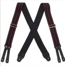 Vtg Heavy Duty Suspenders - 2 Wide - BUTTON Leather - 42 Long X Type Black Red