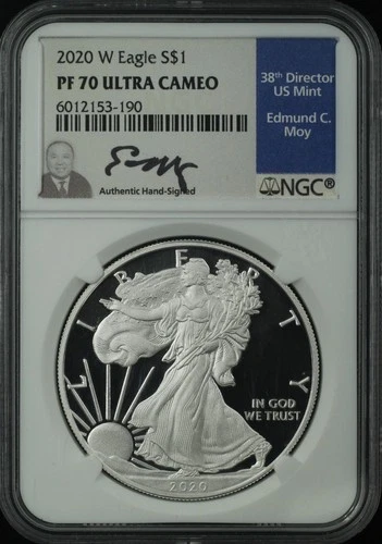2020-W AMERICAN SILVER EAGLE 1 OZ NGC PR70 ULTRA CAMEO EDMUND MOY SIGN (P0647)