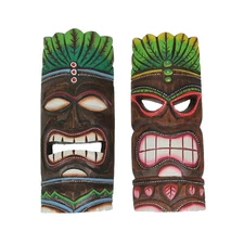 Set of 2 Hand Carved Wooden Tiki Masks Blue & Green Flame Tropical Decor Art