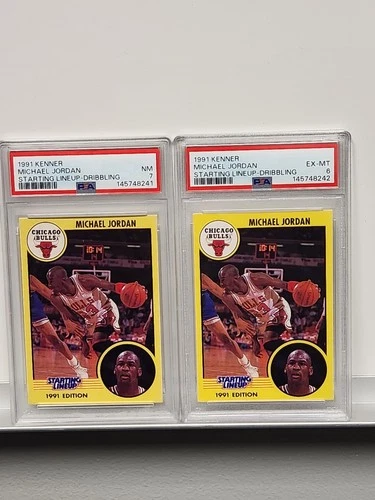 1991 KENNER NBA MICHAEL JORDAN STARTING LINEUP CARD DRIBBLING PSA 7 N PSA 6
