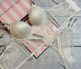 Victoria's Secret Shine Strap Push Up Bra Longline Corset Brazilian Set White