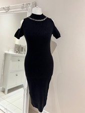Dorothy Perkins Knit Dress size 6 Black with Beaded Neckline and Cold Shoulder