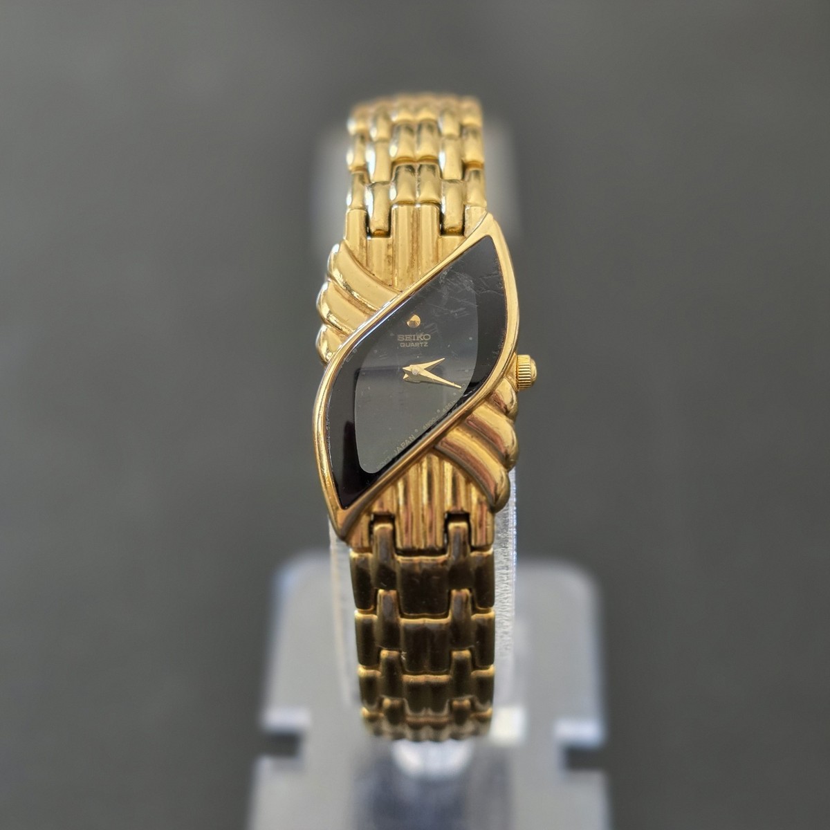VTG Seiko 4N00-6411 Asymmetrical Gold Tone Black Dial Japan Watch
