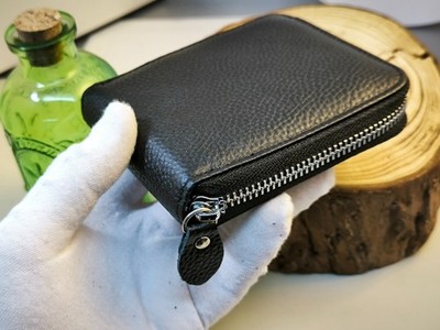 Genuine Leather Zip Wallet Bifold with ID Window Card Holder Unisex Purse Black