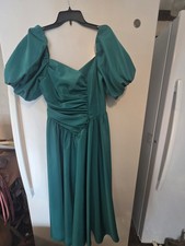 Vintage 80s Prom Dress Emerald Green Puff Sleeve Taffeta Ruched Formal Gown 9/10