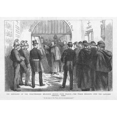 FRANKREICH Vertreibung unerlaubter Orden - antiker Druck 1880