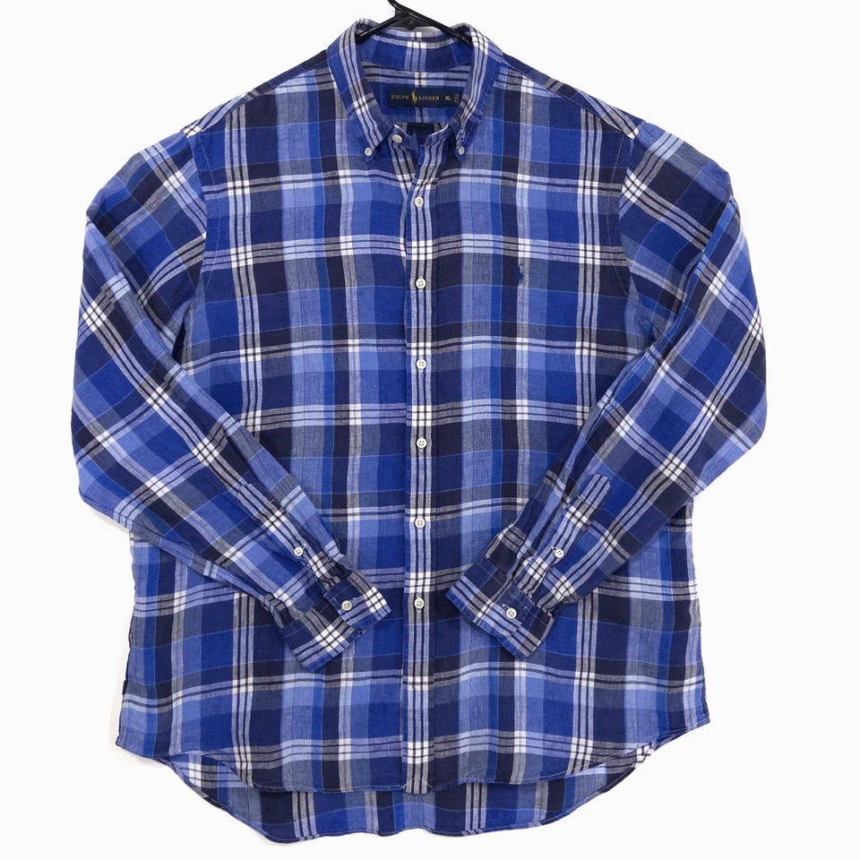 Camisa Polo Ralph Lauren Para Hombres XL Azul Mezcla de Lino a Cuadros Foto 2 de 4