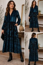 Soft Surroundings Black Blue Floral Velvet V-Neck Long Sleeve Midi Dress S