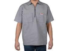 BEN DAVIS MEN MEDIUM SIZE HALF ZIP SHORT SLEEVE WORK SHIRT WHITE NAVY STRIPE
