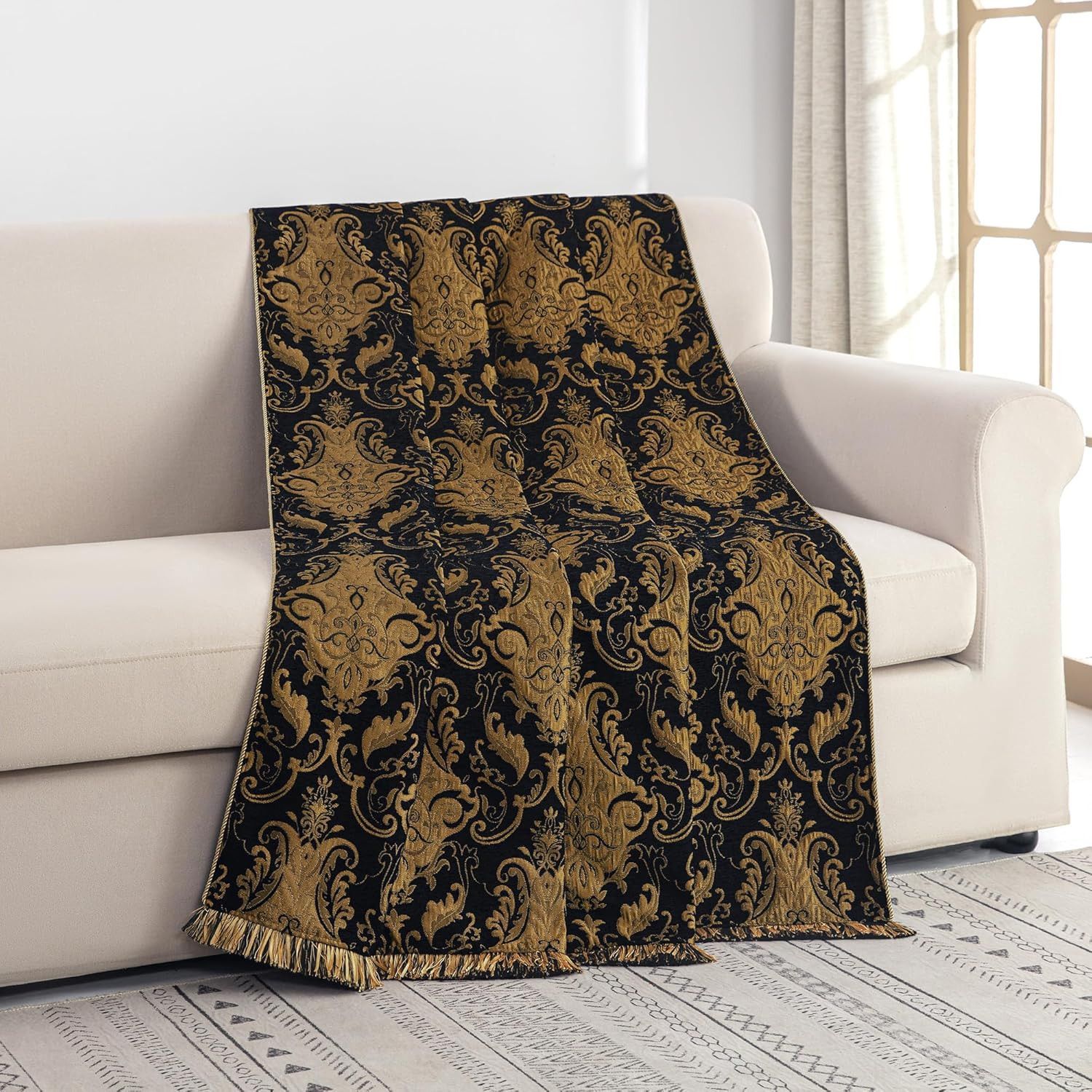 Elegant Black Velvet Throw Blanket with Fringes, 52"x72" for Couch & Bed
