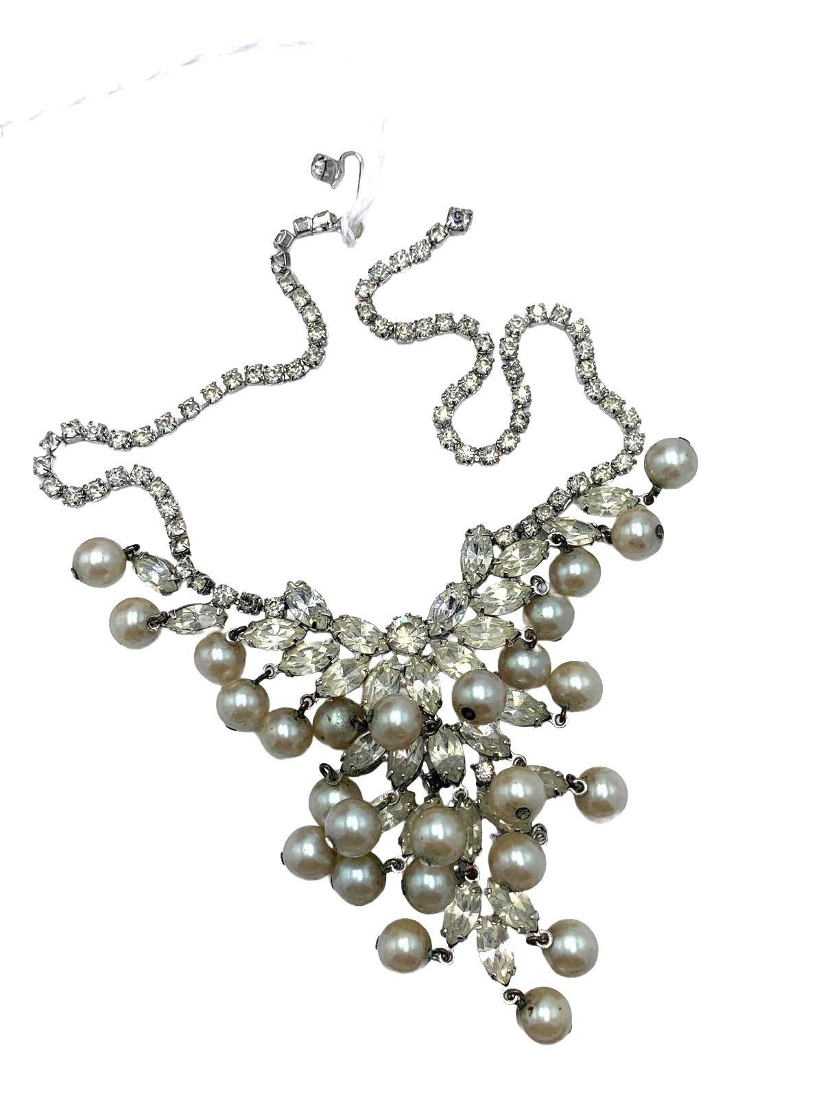 Unsigned Silvertone White Rhinestone & Faux Pearl… - image 3