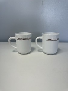 VTG Waffle House Arcopal France Milk Glass Coffee Cups White "S" Scroll 8 oz Set