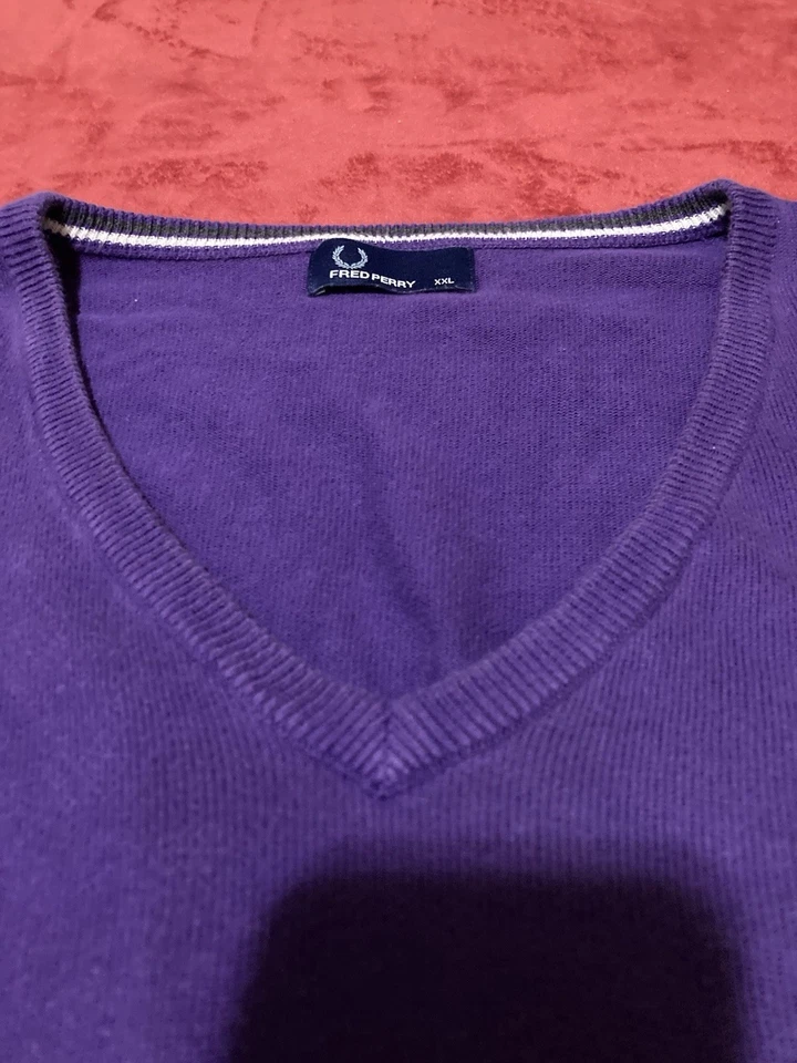 Fred Perry V-Neck Sweater Long Sleeve XXL Purple W/White & Grey Trim(24in Pit) - Image 2 of 4