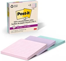 Post-it 100% Recycled Paper Super Sticky 4 Inch x 4 Inch, Wanderlust Pastels 