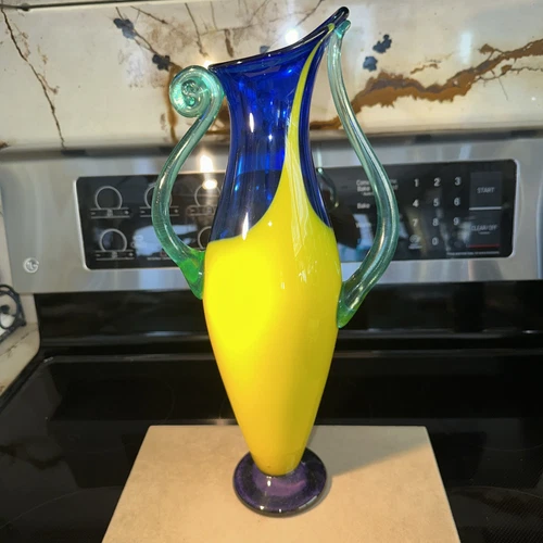 Vintage Artist Signed 98~Cobalt Blue With Yellow Blown Glass Venetian Vase,