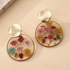 Round Resin Dried Flower Stud Dangle Drop Ear...