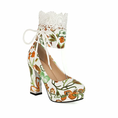 Scarpe da sposa donna stampa retrò punta rotonda pizzo tacco spesso tacco super alto - Foto 13 di 17