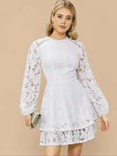 NEW Womens Ladies Lantern Sleeve Layered Ruffle Sheer Lace Dress